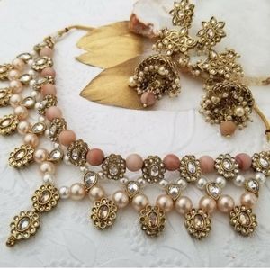 Pink and Gold Necklace and Earring Set